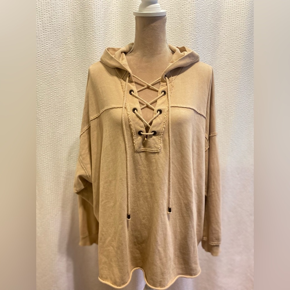 Casual Tan Lace-Up Hoodie